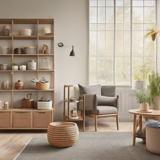 A serene, modern living room with a wall-mounted shelving system, baskets, and bins in a natural wood tone, surrounded by clutter-free surfaces and a few tastefully placed decorative pieces.