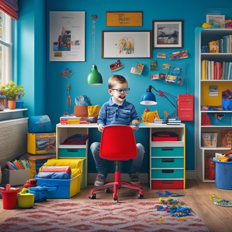 A colorful illustration of a tidy kid's room with a miniature desk, organized toy shelves, and a cheerful, bespectacled kid sitting cross-legged on the floor, surrounded by labeled bins and folders.