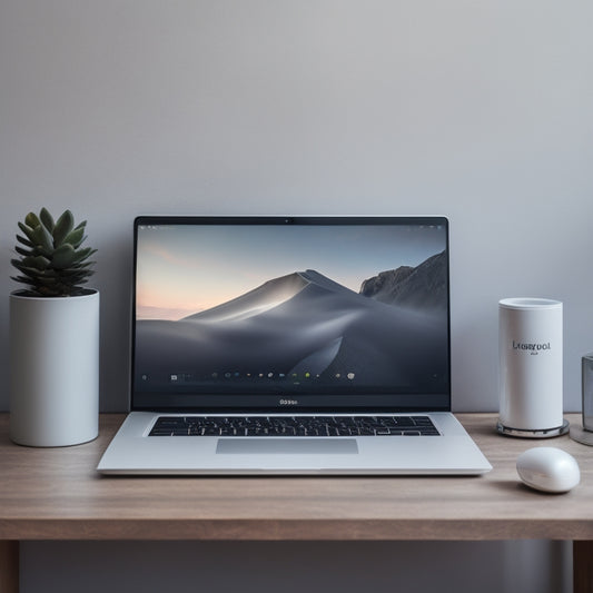 A minimalist desktop with a sleek, silver laptop at its center, surrounded by a few, carefully selected app icons arranged in a harmonious, curved pattern.