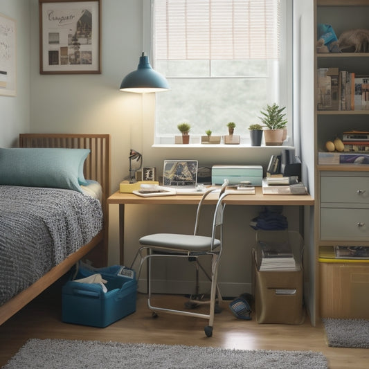 A cluttered dorm room transforms into a tidy space with a few essential items: a compact desk organizer, a stackable storage bin, a cordless vacuum, and a multi-functional furniture piece.