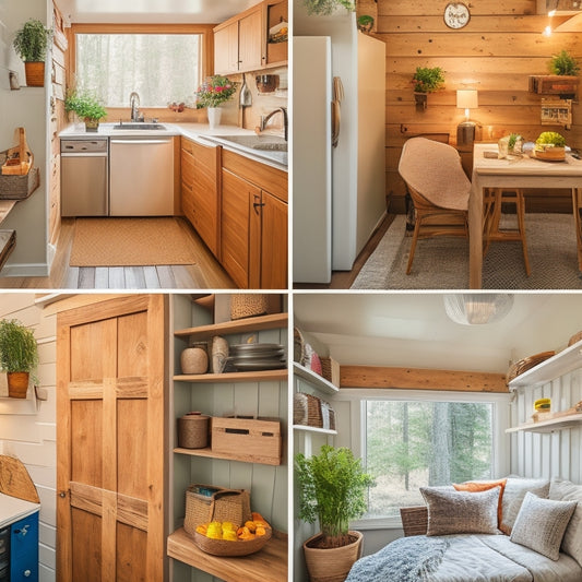 A cozy tiny home interior with a Murphy bed, built-in shelves, and a compact kitchen, showcasing creative storage solutions using repurposed crates, baskets, and multi-functional furniture.