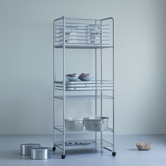 A modern, sleek, silver steel storage rack with five tiers, stood against a light gray background, with a few boxes and baskets neatly arranged on each shelf, casting a subtle shadow.