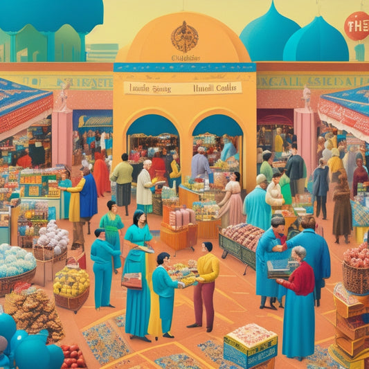 A vibrant, stylized illustration of a bustling marketplace, with diverse people gathered around colorful stalls, each offering various educational resources and services, surrounded by icons of laptops, books, and globes.