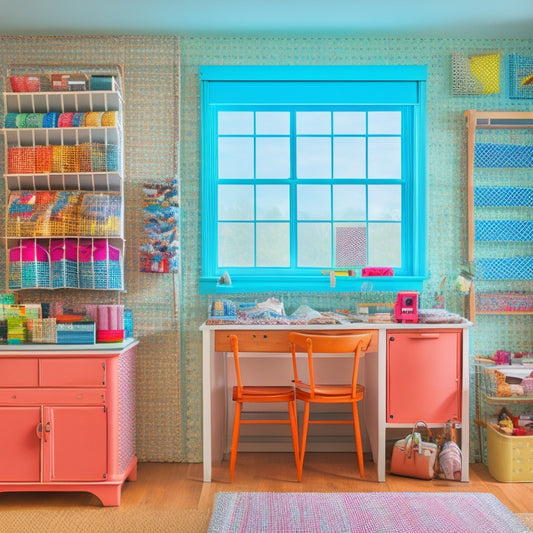 A colorful, clutter-free sewing room with a pegboard displaying rolled-up sewing patterns, a woven basket storing paper patterns, and a repurposed mason jar holding sewing notions.