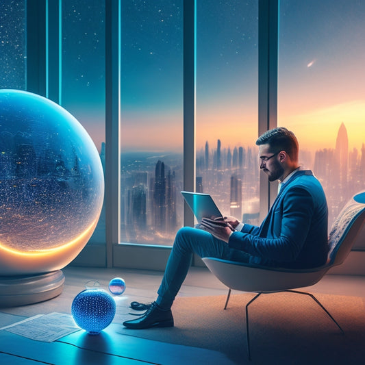 A futuristic, high-tech illustration of a person sitting in a minimalist room, surrounded by holographic file folders and orbiting spheres, with a cityscape or globe in the background, symbolizing remote access.