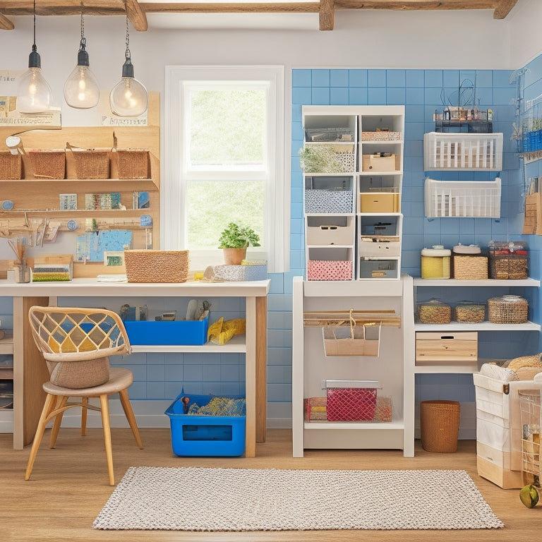 A serene craft room with a wall-mounted pegboard holding baskets, bins, and tools, accompanied by a sturdy wooden desk with built-in drawers and a nearby shelving unit with labeled compartments.