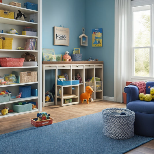 A clutter-free playroom with a custom-built shelving unit, baskets, and bins, showcasing organized toys, books, and craft supplies, alongside a few happy, playing children in the background.