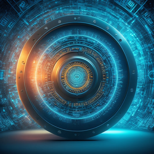 A futuristic, high-contrast illustration featuring a central, glowing digital file surrounded by concentric circles of protection, with padlocks, firewalls, and encrypted symbols orbiting around it.