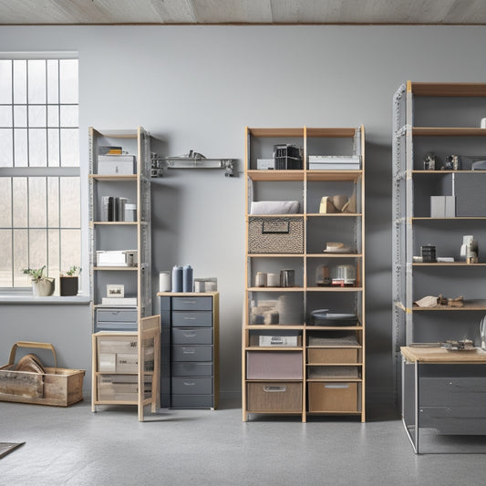 A modular storage rack with adjustable shelves, consisting of sleek silver frames and wooden planks, stands against a light-gray wall, with scattered toolbox and DIY materials around its base.
