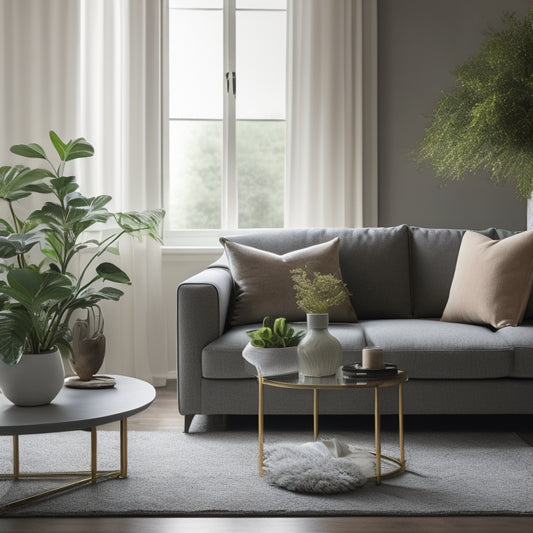 A serene, well-lit living room with a minimalistic sectional sofa, a few carefully placed throw pillows, and a sleek coffee table with a single, small vase holding a single stem of greenery.