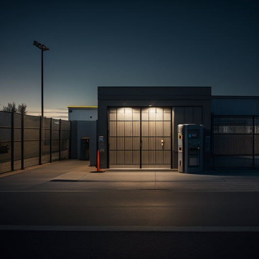 A fortified storage facility with a sturdy fence, CCTV cameras, and a biometric scanner at the entrance, surrounded by a well-lit perimeter with motion-sensitive lights and a secure access gate.