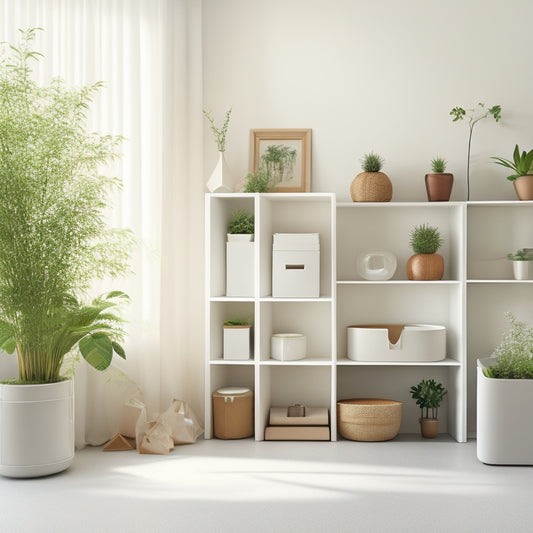 A tidy, white, minimalist room with various storage bins in different shapes, sizes, and materials, stacked and arranged efficiently, with a few decorative plants and a subtle natural light effect.