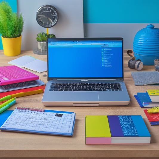 A bright, modern workspace featuring a laptop, a calendar, and a notebook with colorful tabs, surrounded by scattered teacher-themed items like a miniature chalkboard, a ruler, and a few pencils.