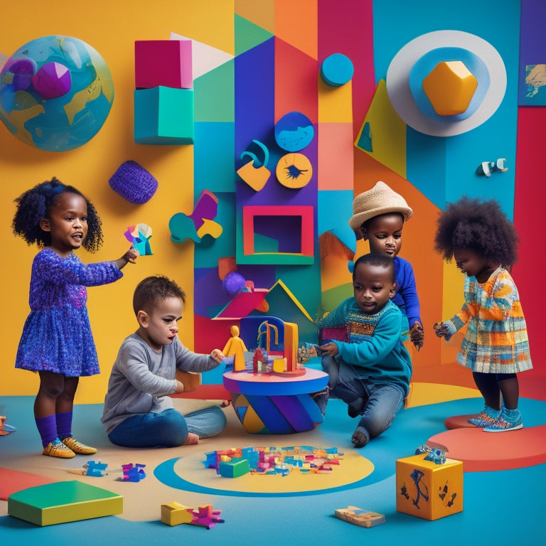 A vibrant, stylized illustration of diverse children playing together, surrounded by colorful shapes and icons representing various learning tools, such as puzzle pieces, blocks, and musical notes.