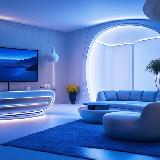 A futuristic, minimalist living room with a large, curved screen displaying a 3D furniture model, surrounded by sleek, modern furniture pieces and subtle, neon accents.