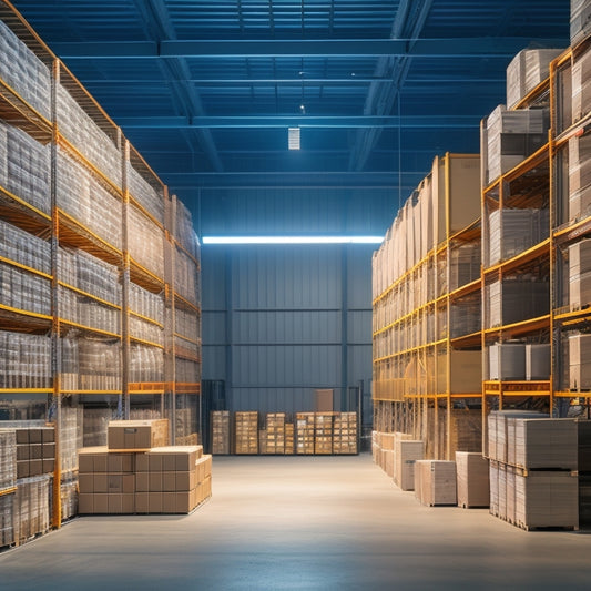 A serene, well-lit warehouse interior with rows of tall, gray metal shelving units, filled with neatly stacked boxes and crates, surrounded by a subtle Chesapeake Bay-inspired color palette.