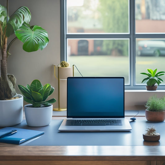 A serene, minimalist workspace with a laptop, a few neatly organized papers, and a small potted plant, surrounded by subtle hints of digital tools on the screen, amidst a blurred background of cluttered office supplies.
