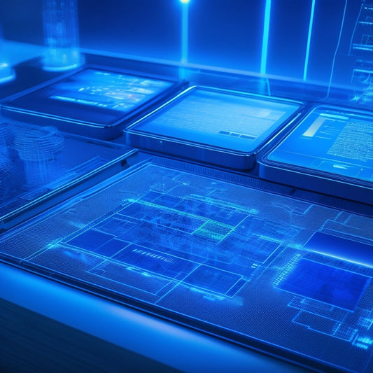 A futuristic, sleek interface with interconnected nodes and glowing blue lines, surrounded by floating laptops, tablets, and smartphones, set against a dark blue background with subtle grid patterns.