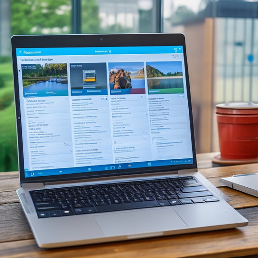 A laptop screen displaying SharePoint's file library, with a folder open and files listed, alongside a download progress bar with a green checkmark, set against a blurred office background with a subtle grid pattern.