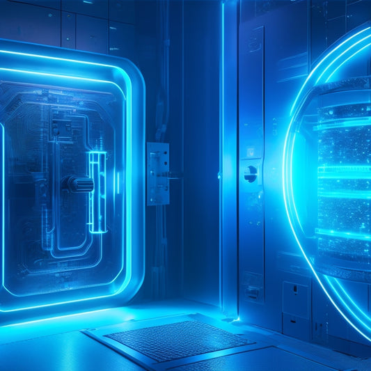 A futuristic, high-tech background with glowing blue circuits and wires, featuring a large, metallic padlock with a glowing green keyhole, surrounded by floating files and folders being unlocked.