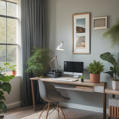 An organized, minimalist home office with a tidy desk, a few carefully placed decorative plants, and a laptop screen displaying a clutter-free digital workspace, surrounded by subtle, calming colors.