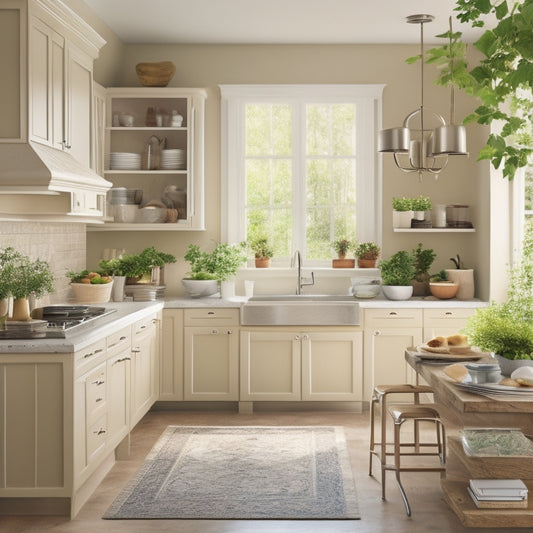 A serene kitchen with warm beige cabinets, gleaming stainless steel appliances, and a spacious island in the center, surrounded by a few, carefully selected cookbooks and a small potted herb plant.
