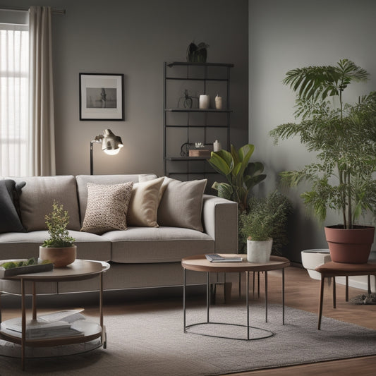 A serene, well-lit living room with a tidy couch, a few potted plants, and a minimalist coffee table, surrounded by a faintly visible calendar on the wall, with a subtle hint of a toolkit in the corner.