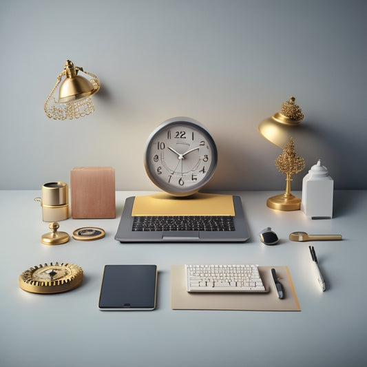 A minimalist illustration of a clock with its face cracked open, revealing a compact, organized workspace inside, complete with a miniature desk, chair, and a tiny laptop, surrounded by subtle clockwork gears.