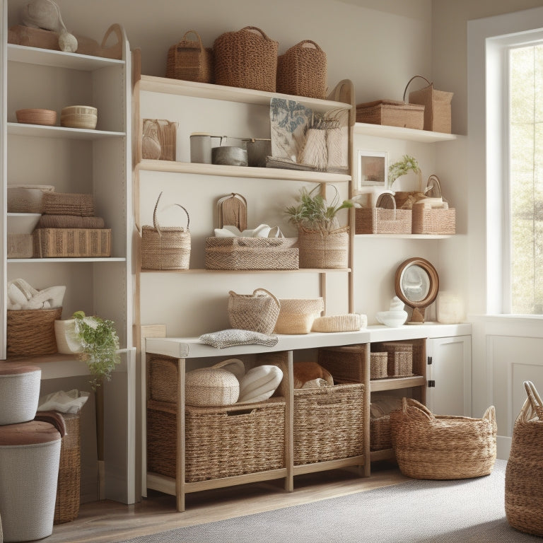A serene, well-lit room with a mix of open shelves, wicker baskets, and modern cabinets, showcasing a harmonious blend of organized storage and decluttered living space.