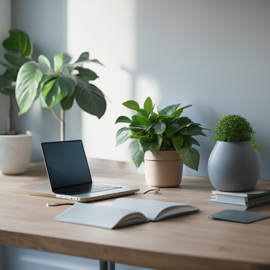 A minimalist desk with a laptop, a small potted plant, and a few neatly arranged notebooks, surrounded by a subtle background of calming colors and soft, natural light.