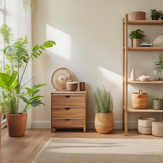A serene and organized living room with a minimalist aesthetic, featuring a sleek wooden shelving unit, a woven storage basket, and a few carefully placed potted plants, bathed in warm natural light.