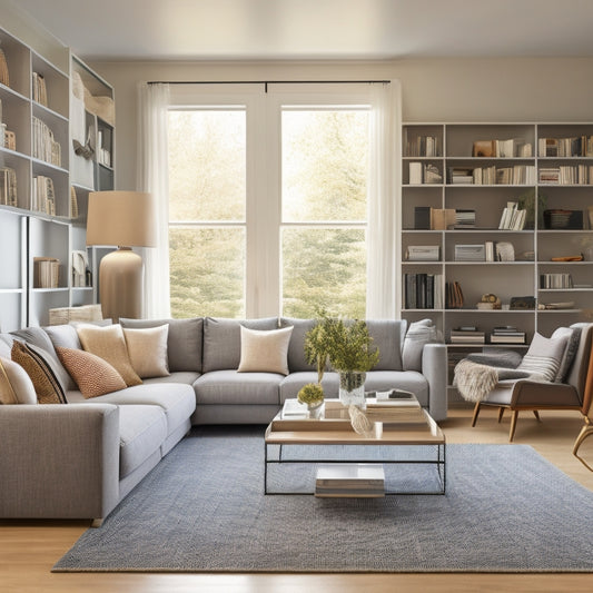 A serene, well-lit living room with a minimalist aesthetic, featuring a sleek, gray sectional sofa, a geometric-patterned area rug, and a floor-to-ceiling shelving unit with neatly arranged, labeled storage bins.