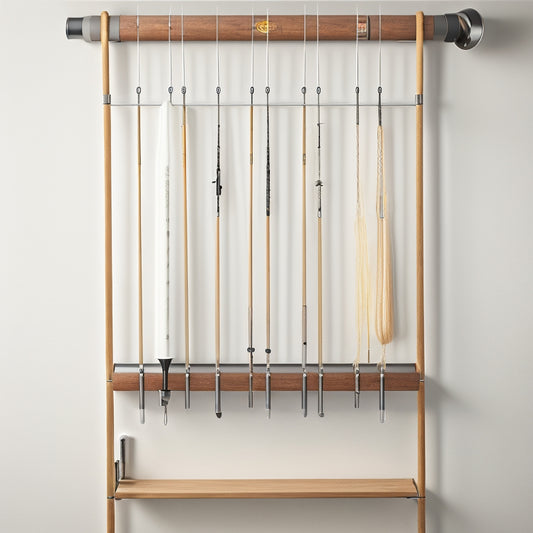 A sleek, modern wall-mounted fishing rod storage system with 5 rods held securely in place by adjustable, padded clips, against a bright white background with subtle wooden accents.