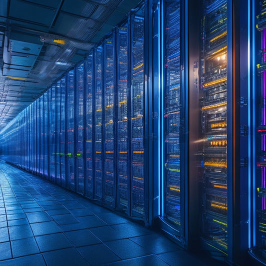A futuristic, dimly-lit data center with rows of towering, sleek server racks illuminated by soft blue LED lights, surrounded by a maze of colorful cables and wires.