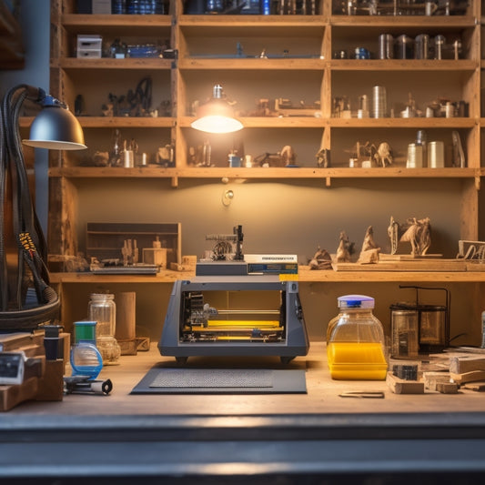 A well-lit, organized workshop with a large, sleek 3D resin printer at its center, surrounded by neatly arranged tools, materials, and a few partially printed prototypes on a clutter-free workbench.