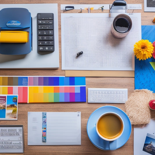 A colorful and clutter-free desk with a laptop, a few neatly arranged folders, and a cup of steaming coffee, surrounded by a few scattered yet organized printables with vibrant tabs and icons.