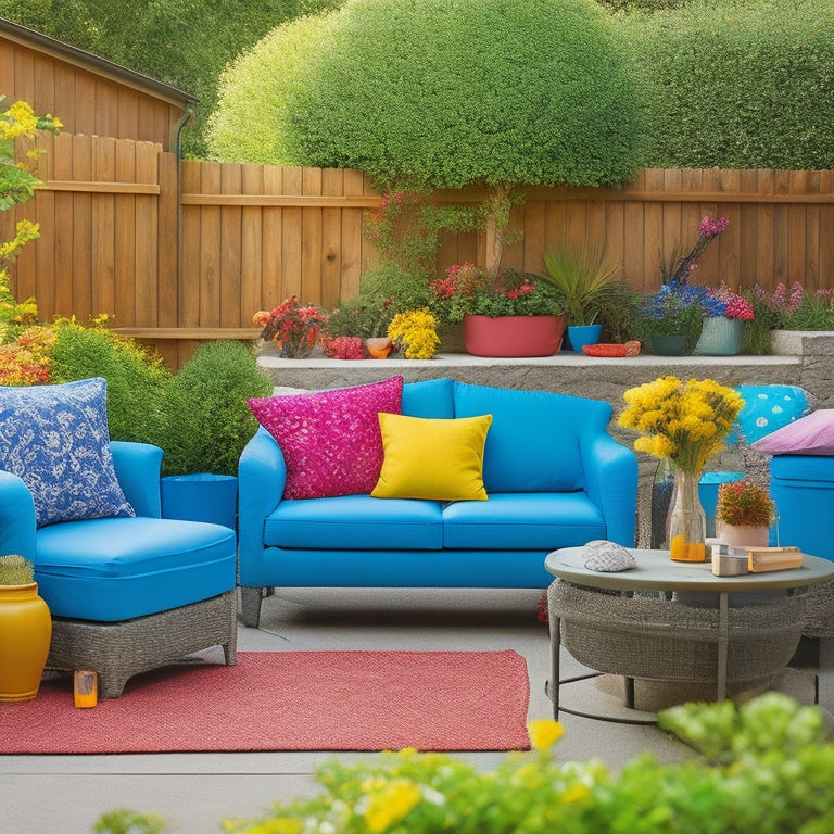 A serene backyard scene with a patio set, including a sofa, loveseat, and armchair, surrounded by a variety of colorful storage containers with lids, in different shapes and sizes.