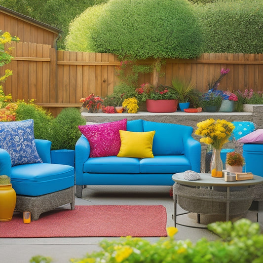 A serene backyard scene with a patio set, including a sofa, loveseat, and armchair, surrounded by a variety of colorful storage containers with lids, in different shapes and sizes.