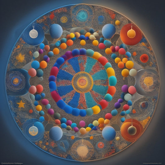 A vibrant, interconnected web of colorful circles, each containing a distinct icon or graphic, radiating from a central point, symbolizing the explosion of ideas and creative connections in mind mapping.