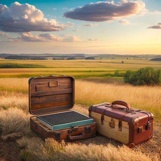 A scenic backdrop of rolling Midwest hills with a few wispy clouds, featuring a laptop and various portable storage devices (hard drives, SSDs, USB sticks) arranged artfully on a rustic wooden crate or vintage suitcase.