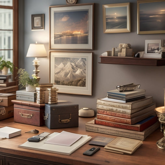 A tidy, well-lit workspace with a large, wooden desk, surrounded by organized stacks of photo albums, labeled boxes, and neatly categorized files, with a few scattered, elegant, silver picture frames.