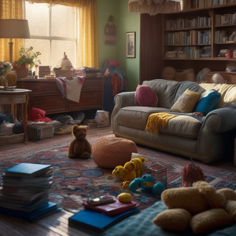 An overcrowded living room with a worn-out couch, scattered toys, stacked magazines, and dusty trinkets, with a few rays of sunlight struggling to penetrate through the cluttered window.