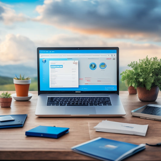 A stylized illustration of a organized office desk with a laptop open to a Salesforce dashboard, surrounded by neatly labeled folders and a few papers with checkmarks, amidst a subtle background of clouds and gears.