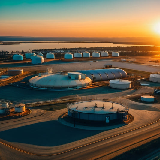 A serene, aerial view of a petroleum storage facility at sunset, with numerous cylindrical tanks, pipes, and valves, surrounded by a secure perimeter fence and watchtowers.