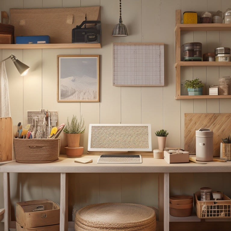 A tidy, well-lit workspace with a wooden desk, surrounded by various DIY home organization tools, including a pegboard, woven baskets, and a label maker, against a soft, creamy background.