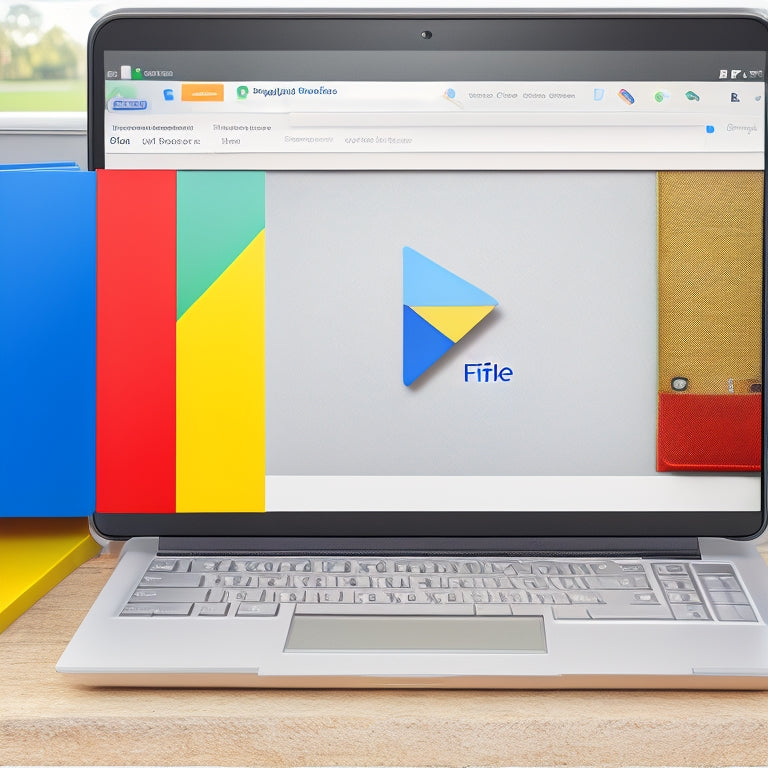 A split-screen illustration depicting a Google Drive icon on the left, with files and folders floating out of it, merging seamlessly into a desktop computer on the right, with the same files and folders organized on the screen.