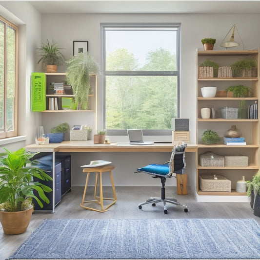 A tidy, modern home office with a customized shelving unit, a laptop on a clutter-free desk, and a few, carefully placed, colorful storage bins, surrounded by natural light and lush greenery.
