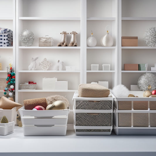A serene, snowy-white background with a neatly organized storage bin, containing labeled bins, baskets, and boxes of various shapes and sizes, filled with colorful holiday decorations, ornaments, and lights.