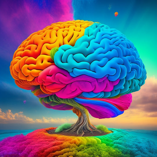 A vibrant, colorful illustration of a human brain surrounded by swirling clouds of ideas, connected to a central mind map with branching lines, shapes, and symbols, radiating creativity and inspiration.
