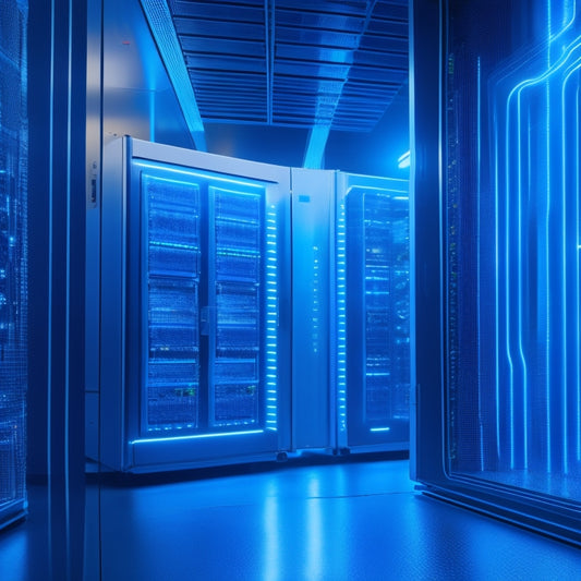 A futuristic, high-tech background with glowing blue circuits and wires, featuring a large, sleek, silver storage unit with flashing lights and a stylized, abstract data flow surrounding it.